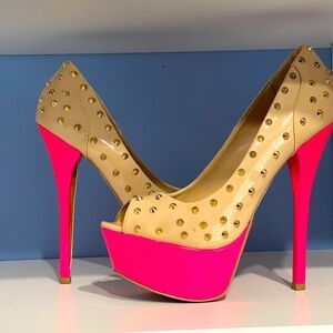 Nude & Pink Spike Platform PeepToe Pump